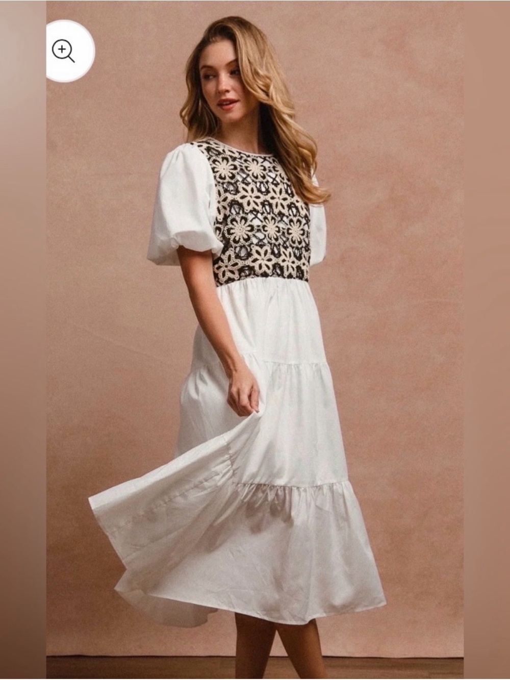 Bibi Crochet Top Midi Dress Cottagecore Balloon Sleeve Peasant Pockets